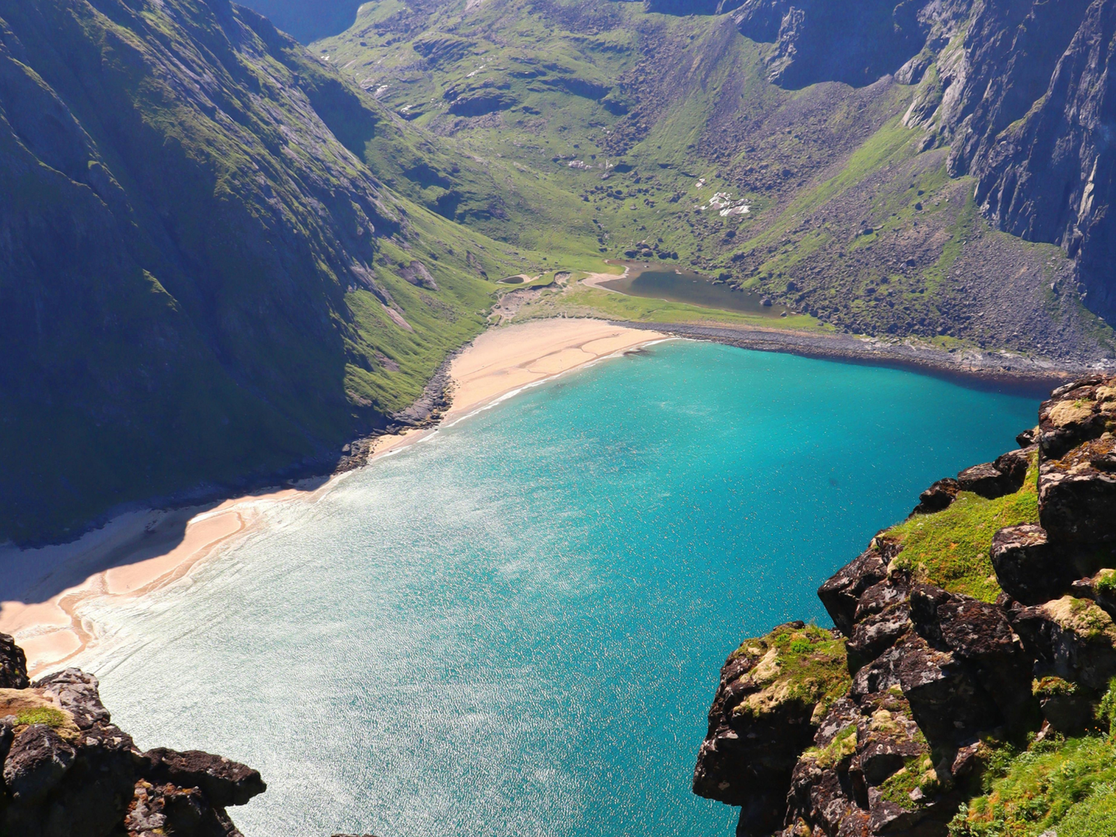 Aerial view of Kvalvika beach in Lofoten